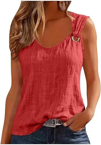 Summer Tank Cute Tops for Women Casual Sleeveless Shirt Loose Fit Scoop Neck O Ring Shoulder Blouse