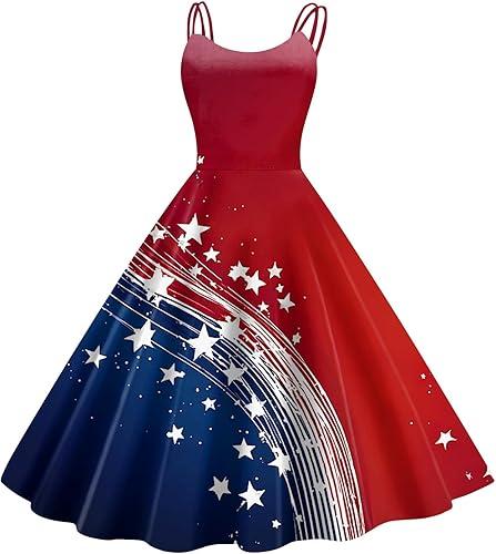 Patriotic Midi Dress for Women Women's Summer Sleeveless Star Print 4Th of July Formal Church Prom Fit Flare Sundress,
