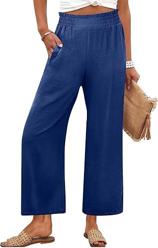 Women Linen Palazzo Pants Summer Boho Wide Leg Elastic Smocked Waist Casual Lounge Trousers with Pockets