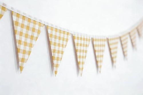 3 Pack Gingham Triangle Banner Set, Red Black White Yellow Checkered Cotton Linen Flags, 36 Double Sided Pennants for Picnic Wedding Birthday Party BBQ Holiday Decor (Yellow and White)