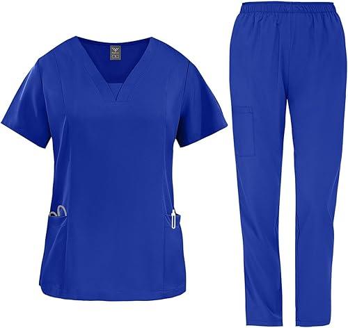 2 Pcs Scrubs Sets for Women Stretch Wide Leg Pants & V-Neck Short Sleeve Tops Plus Size Medical Scrub Sets