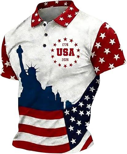 Men's Polo Shirts Short Sleeve 250 Anniversary USA Flag Shirt Business Casual Button Up Lapel Tshirts, S-5XL