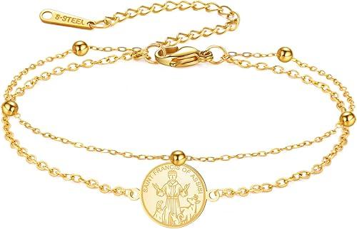TEAMER Resizable Saint Francis of Assisi Bracelet Patron Saint of the Animals and Nature Pendant Stainless Steel Francis Pet Protect Medal Catholic Jewelry For Women