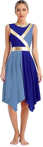 iEFiEL Praise Dance Tunic for Women Color Block Sleeveless Asymmetrical Hem Dresses Lyrical Dance Costume