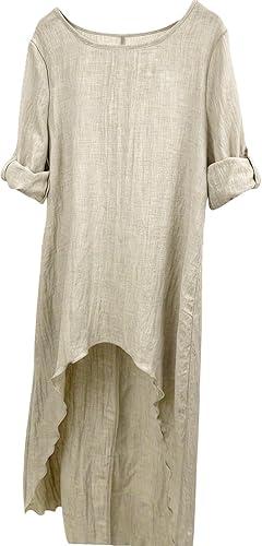 Womens Casual Retro Cotton and Linen Embroidered Five Quarter Rolled Sleeve Solid Color Top Irregularly Hem Shirt