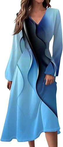 Womens Long Sleeve Midi Dress Trendy Casual V Neck Spring Summer Elegant Formal Ruched Flowy A Line Floral Dresses