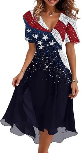 Women 4Th of July American Flag Tank Dress Sleeveless Round Neck Patriotic Ruffle Swing Midi Sundress, S-2Xl