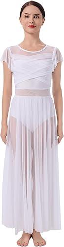 AFAVOM Lyrical Dance Costume for Women Mesh Ruffle Cutout Lyrical Dress Flowy Tulle Skirt Contemporary Dance Costumes XS-XL