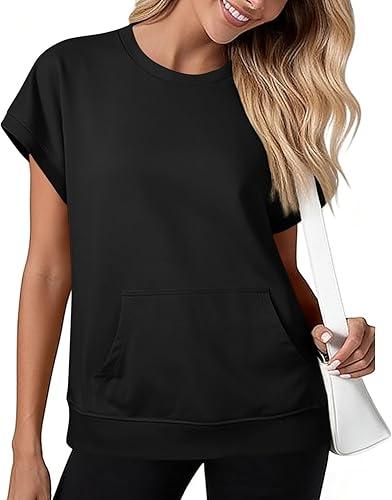 Women Summer Trendy Sweatshirt Casual Dressy Shirts Crew Neck Work Tops Short Sleeve Solid Color Sweatshirt with Pocket