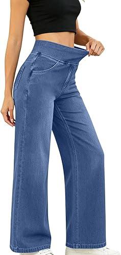 Women's Summer High Waisted Stretch Loose Fit Wide Leg Jeans Elastic Waist Denim Pants Straight Leg Trousers