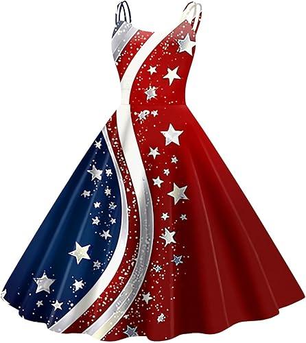 Patriotic Midi Dress for Women Women's Summer Sleeveless Star Print 4Th of July Formal Church Prom Fit Flare Sundress,