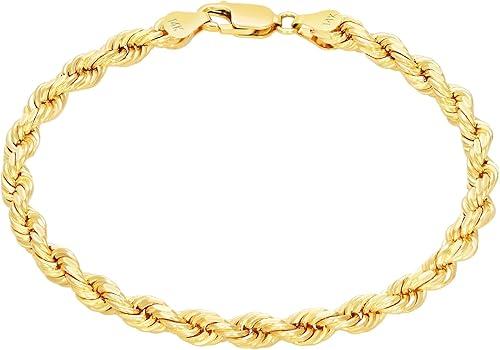 Nuragold 14k Real Yellow Gold 5mm Solid Rope Chain Diamond Cut Bracelet (7"-9") Italian Jewelry for Men