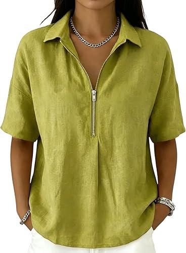 Linen Tops for Women Breathable Gauze Shirts Cotton Half Zip Summer Elbow Length Sleeve Blouses Casual Boho Shirts