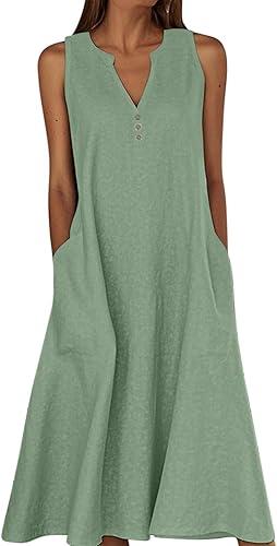 Midi Dresses for Women Summer V Neck Sleeveless Sun Dresses with Pockets, Cotton Linen Dresses