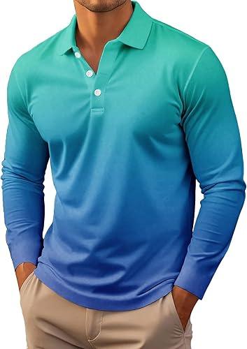 Gradient Polo Shirt for Men, Long Sleeve Ombre Button Down, Collared Lightweight Top for Golf and Tennis