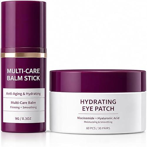 Hydrating Multi Balm Stick with 60 Under Eye Patches, 2-Step Eye Care Set, Moisture Balm Stick for Face, Neck and Dry-Looking Areas, Korean Inspired Skin Care (4 Multi Balm Stick + 240Eye Patches)