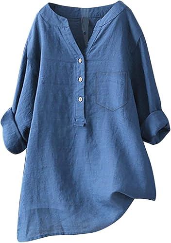 Women's Linen Button Down Shirts Short Sleeve V Neck Tshirts Light Weight Plain Blouses Casual Loose Tunic Tops