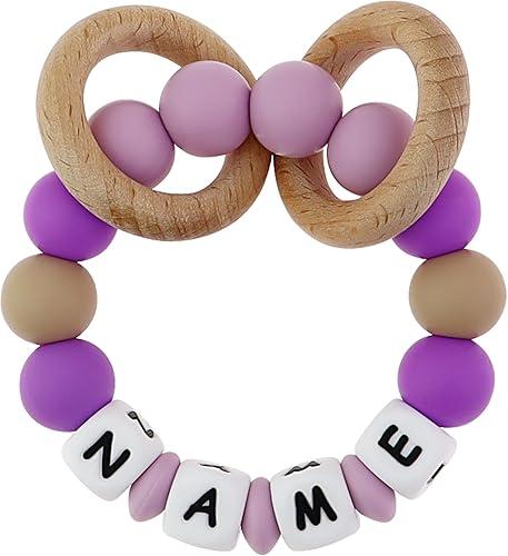 Personalized Baby Rattle Teether with Name, Customized Grasping Activity Shaker Grab Rattles, Early Educational Toys with Wood Teething Rings for Newborn Infant Toddler (Purple)