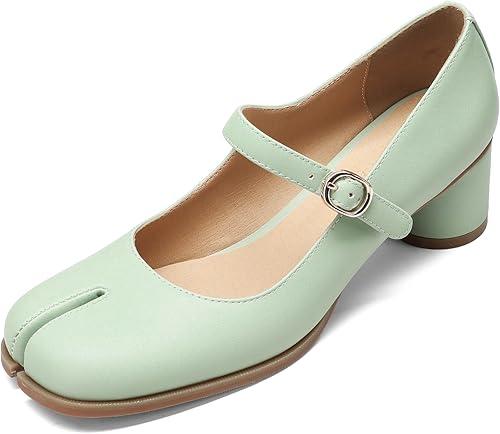 Women Chunky Block High Heels Mary Janes Shoes Split Toe Tabi Shoes Ankle Strap Dress Pumps Shoes