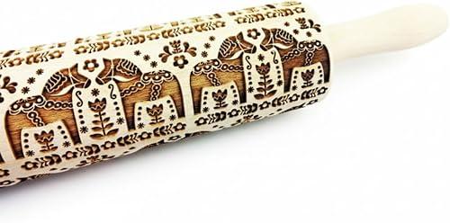Rolling Pin FOLKSY HORSES. Wooden Embossing Rolling Pin with Horses Pattern for Embossed Cookies by Algis Crafts