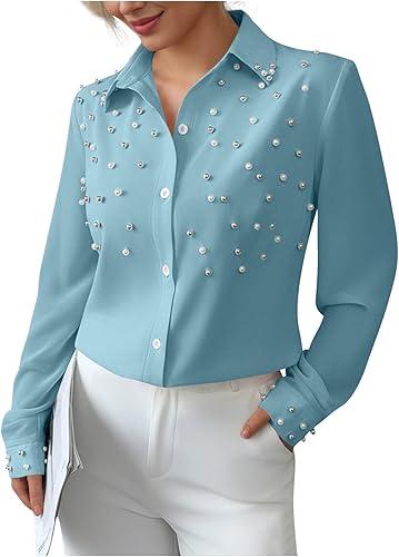 Women's Pearl Embellished Button Down Shirts, Long Sleeve Beaded Blouse, Elegant Business Casual Work Tops for Women