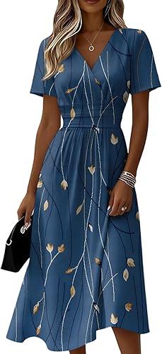 Short Sleeve Midi Dresses for Women Spring Summer Plus Size V Neck Flowy A Line Dress Elegant Formal Ruched Dress