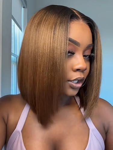 Beauty Forever Bob Wig Human Hair Black to Chestnut Brown Yaki Straight Bob Glueless Lace Front 150% Density 12 Inches Pre Cut Plucked HD Lace Bye Bye Knots Ready to Go Short Wig Beginner Friendly