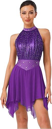 FEESHOW Women Ruched Metallic Mesh Lyrical Dance Dress Irregular Ballet Leotard Modern Contemporary Costume