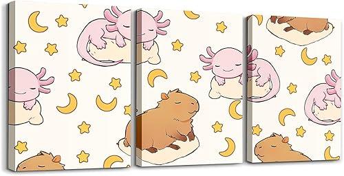 Erosebridal Pink Axolotl Canvas Wall Art Set of 3 for Kids Teen Girl - Cute Capybara Wall Decor Cartoon Stars Moon Framed Paintings Artwork Cute Animal Poster Prints,12x16