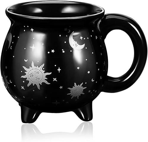 GLEAVI Black Ceramic Cauldron Mug 450ml: Celestial Sun & Moon Coffee Cup, Whimsical Goth Drinkware for Spring Holidays, Birthdays & Everyday Use