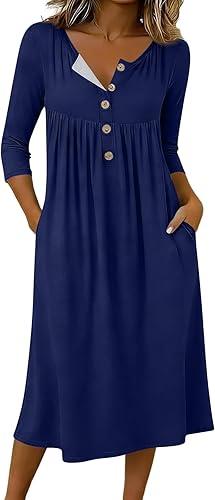 3/4 Sleeve Womens Dress Casual Flowy A-Line Midi T-Shirt Dresses with Pockets Crewneck Vocation Boho Beach Sundress