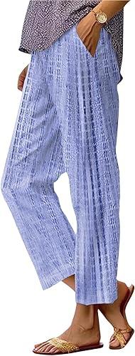 Womens Linen Palazzo Lounge Pants Elastic Waist Wide Leg Pants with Pockets Casual Boho Floral Capri Pants