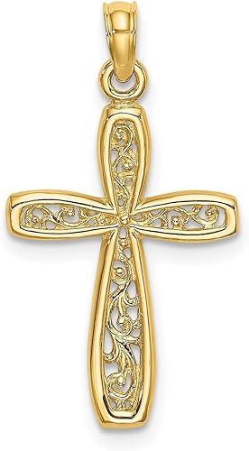 Jewelry Affairs Real Solid Gold Cross with Filigree Center Charm Pendant, 24x14mm