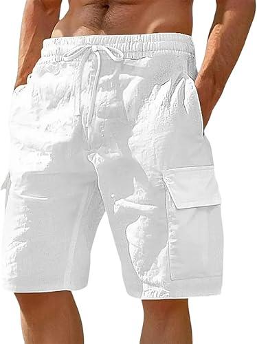 Mens Casual Linen Cargo Shorts with Elastic Waistband Drawstring and Multiple Pockets Relaxed Fit Summer Shorts