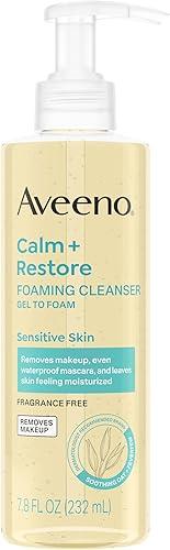 Aveeno Calm + Restore Foaming Cleanser, Daily Face Wash for Sensitive Skin, Gentle Foaming Cleanser Removes Makeup with Soothing Oat, Feverfew & Hyaluronic Acid, Fragrance-Free, 7.8 Fl Oz