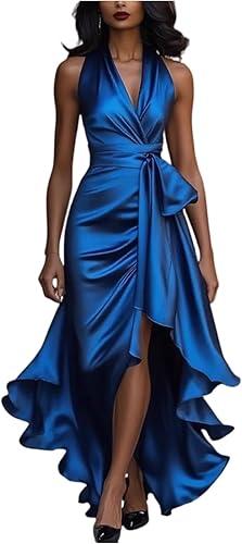 Elegant Evening Dresses for Women Halter V-Neck Aline Formal Gown High Waist Satin Sexy Slim Belt Bodycon Dress