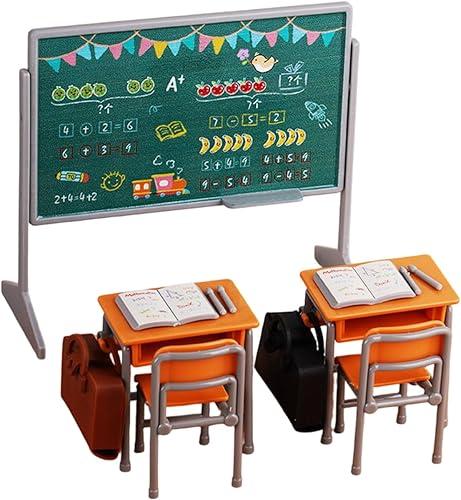 VOSAREA 1 Set Miniature Dollhouse School Desk and Chair - Dollhouse School Supplies with Blackboard Book and Schoolbag - Mini Furniture Decoration