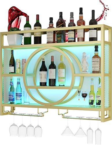 Wine Rack Wall Mounted with Wine Glass Rack Floating Bar Shelves for Liquor Bottles with LED Light Liquor Bottle Display Shelf Wall Bar Cabinet Mini Bar for Home Bar Dining Room Kitchen Living Room(Go
