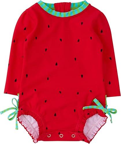 RuffleButts Baby Girls UPF 50+ Sun Protection Floral Printed Long Sleeve One Piece Rash Guard Swimsuit with Zipper