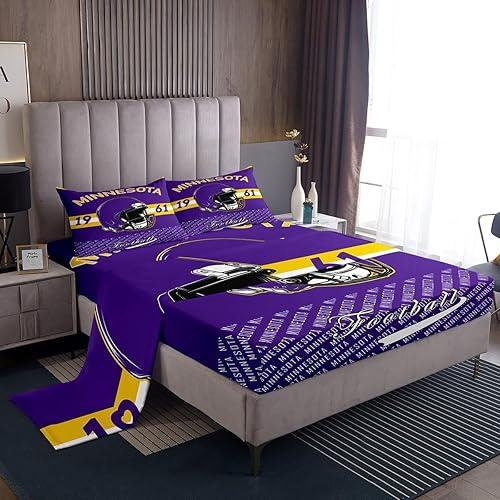 Feelyou Football Bed Sheets Sets Queen Size Kids Boys Girls Minnesota Bedding Set Football City Bed Sheet Set with 16-Inch Deep Pockets Sports Games 4Pcs with 2 Pillow Cases