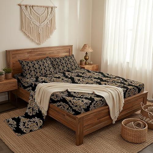 Damask Bed Sheets Set King Size Antique Victorian Baroque Sheets Bedroom Decor Gothic Vintage Floral Bedding for Kids Teens Soft Black Gold Bed Sheet Set 4pcs(Fitted + Flat + 2 Pillowcases)