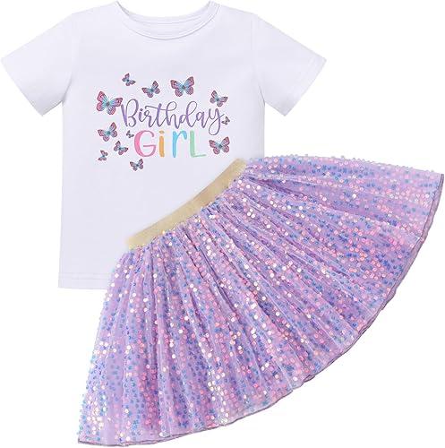 IBTOM CASTLE Birthday Outfit for Girls Short Sleeve Birthday Girl T-shirt Sequin Tulle Skirt for Cake Smash Photoshoot