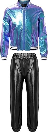 TiaoBug Kids Boys Girls Jazz Hip Hop Dance Costumes Shiny Metallic Long Sleeves Bomber Jacket Pants Dancewear Set