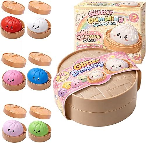 Dumplings Squishy, Glitter Dumpling Squishy, Squishiest Dumplings with Steamer Box, Random Color, Non-Edible, Find the Ultra-Rare White Glitter Variant (Random-Set B,1Pc)