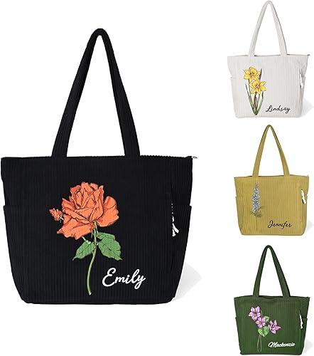 BYFDIY Custom Cute Corduroy Tote Bag With Zipper Side Inner Pocket Large Personalized Name Birth Flower Tote Bag for Work Everyday Travel Church Birthday Gifts for Women Mother Size 15.7*3.9*12.9INCH