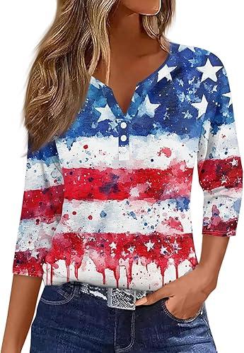 250 Birthday America 3/4 Length Sleeve Floral Print Vintage Fashion Loose with V Neck Plus Size Tops, S-2Xl
