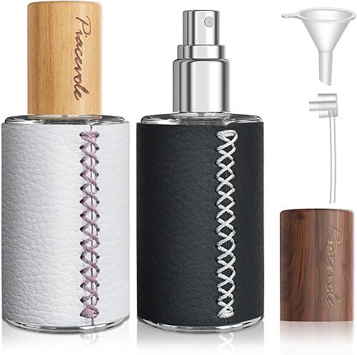 2 Pcs Glass Perfume Bottles Empty Refillable Atomizer, Leather-covered Cologne Travel Spray Bottle with Perfume Dispenser (Black+White, 20ML)