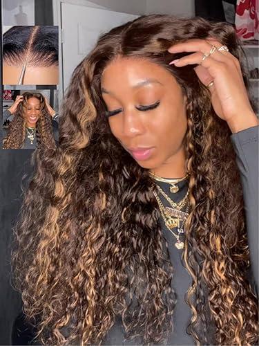 Beauty Forever 7x5 Bye Bye Knots Glueless Lace Front Water Wave Espresso Brown With Blonde Highlights Human Hair Wigs Pre Plucked Pre Cut Ready to Go Drawstring Wig Bleached Knots for Beginner 22inch