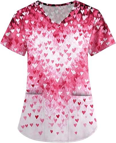 HXHYQKP Cute Scrub Tops Stretchy Short Sleeve V Neck Cartoon Print Pattern Nursing Working Uniform Caregiver Top