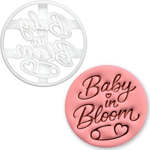 BAKERLOGY Baby in Bloom Cookie Cutter – Circular Outline with Nappy (Diaper) Pin Script Lettering Fondant Mold for Baby Shower, Spring Floral Theme, Gender Reveal Party Baking Tool